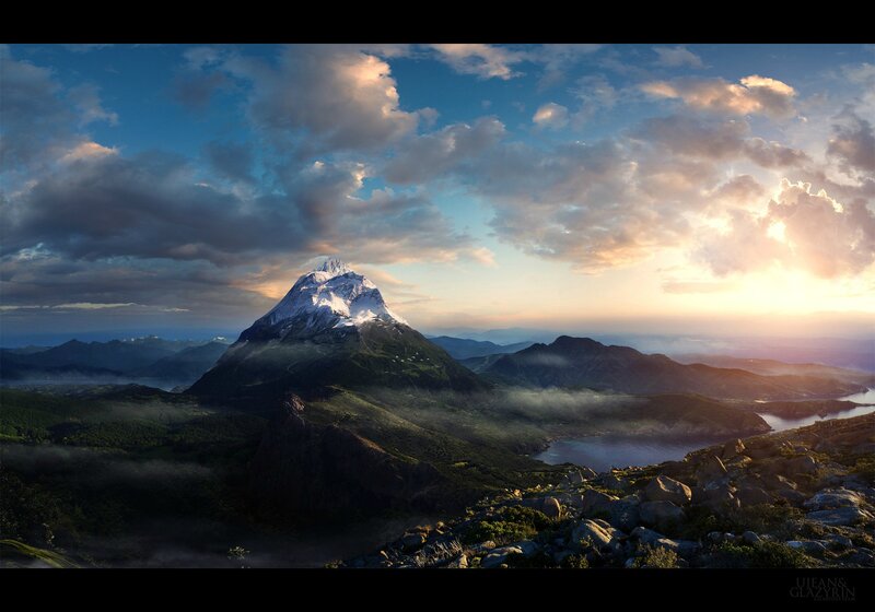 Snow-capped Mountain Peak — Blue, Dramatic, Sunrise, Digital Art, Mountains, Clouds