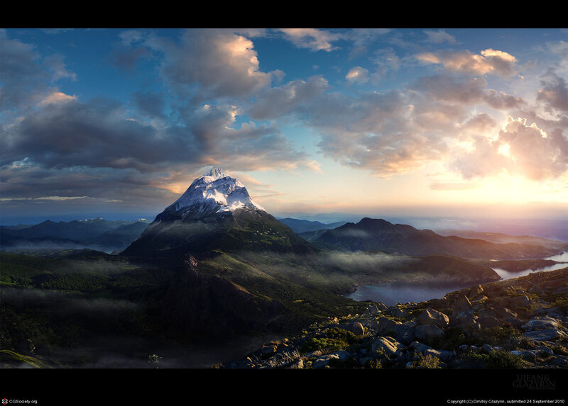 Snow-capped Mountain Peak — Blue, Dramatic, Sunrise, Digital Art