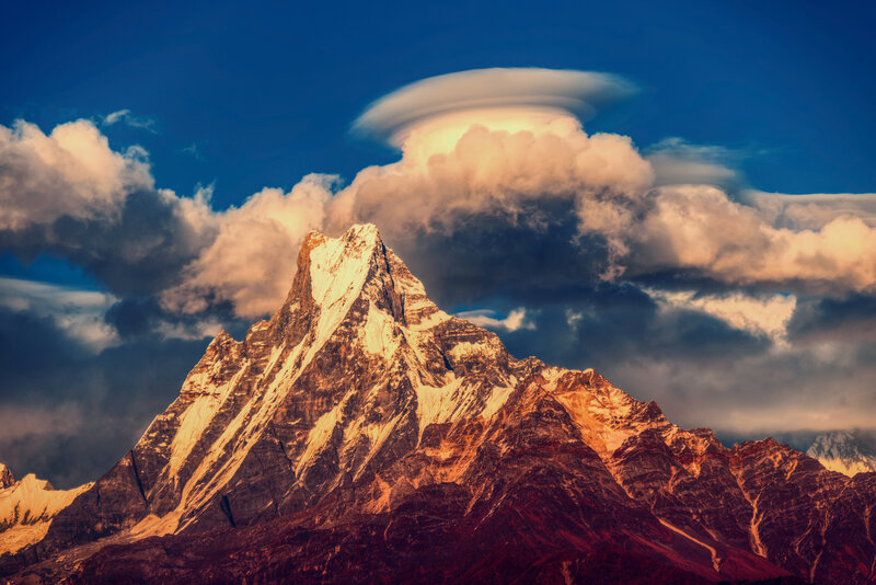 Snow-capped Mountain Peak — Blue, Dramatic, Sunrise, Photograph, Clouds, Sky