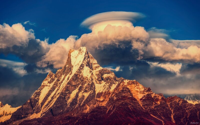 Snow-capped Mountain Peak — Blue, Dramatic, Sunrise, Photograph, Clouds