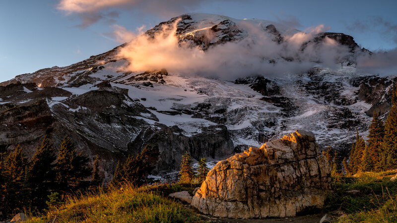 Snow-capped Mountain Peak — Blue, Dramatic, Sunrise, Photograph, Clouds, Trees