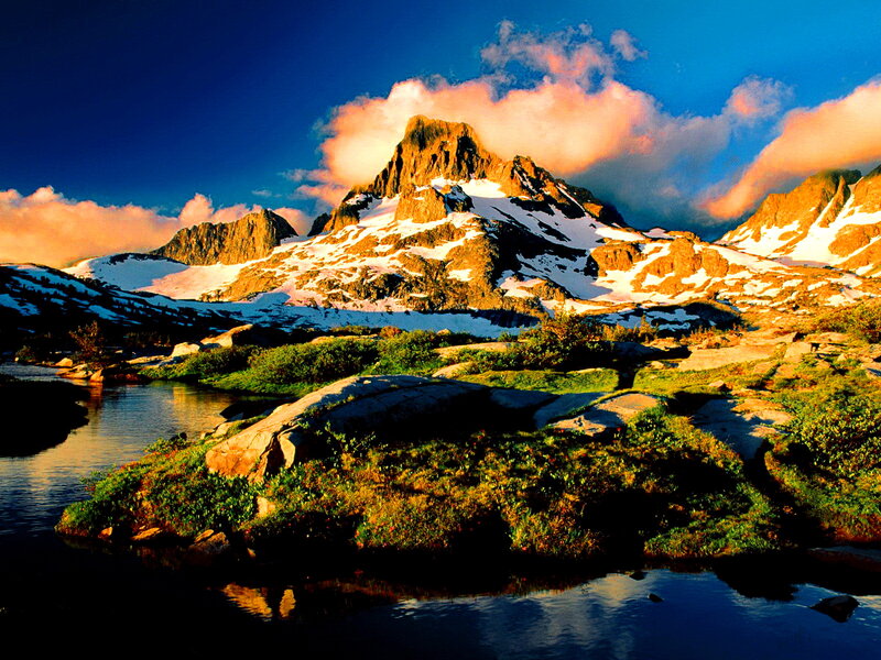 Snow-capped Mountain Peak — Blue, Dramatic, Sunrise, Photograph, Lake