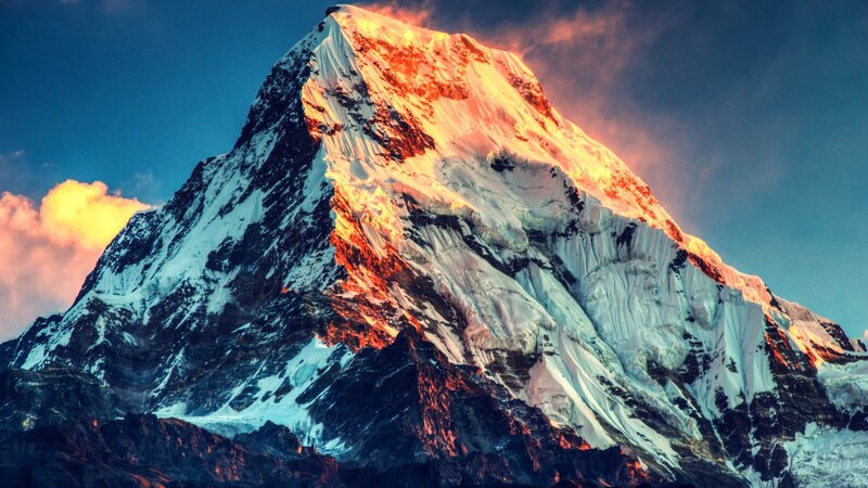 Snow-capped Mountain Peak — Blue, Dramatic, Sunrise, Photograph, Sky