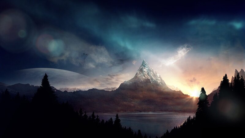 Snow-capped Mountain Peak — Blue, Dramatic, Sunset, Digital Art, Lake, Forest, Planet