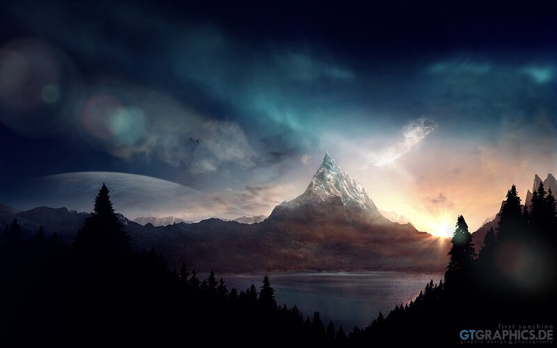 Snow-capped Mountain Peak — Blue, Dramatic, Sunset, Digital Art, Lake, Forest