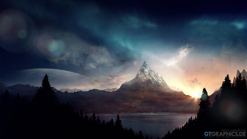 Snow-capped Mountain Peak — Blue, Dramatic, Sunset, Digital Art, Lake