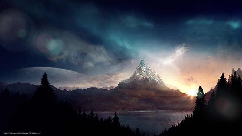 Snow-capped Mountain Peak — Blue, Dramatic, Sunset, Digital Art