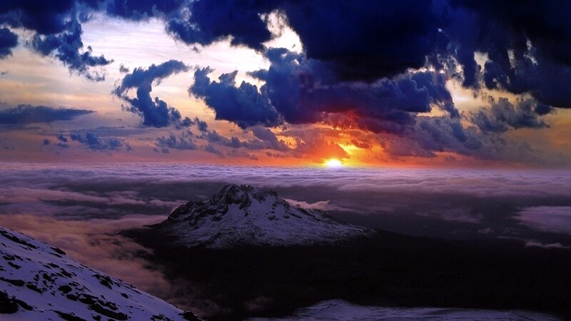 Snow-capped Mountain Peak — Blue, Dramatic, Sunset, Photograph, Clouds