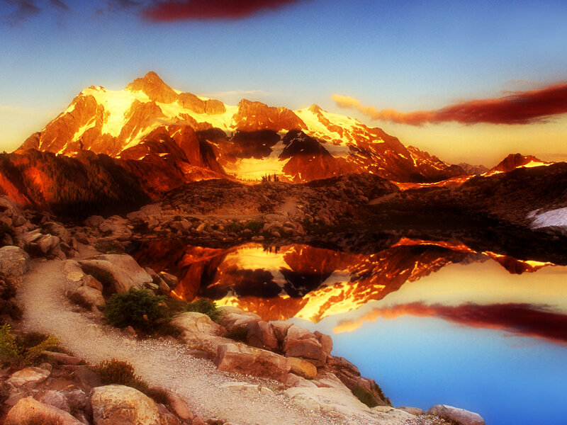 Snow-capped Mountain Peak — Blue, Dramatic, Sunset, Photograph, Lake