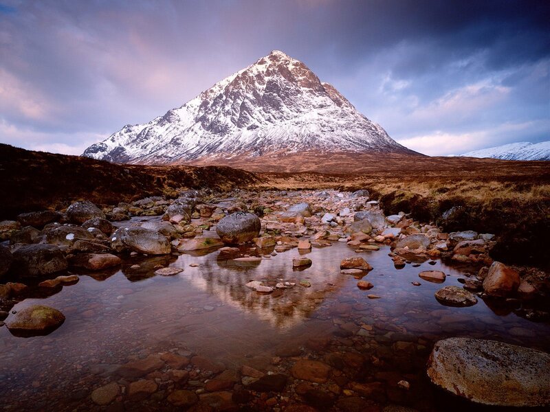 Snow-capped Mountain Peak — Blue, Dramatic, Sunset, Photograph, River, Rocks
