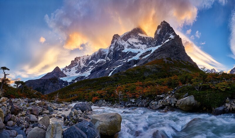 Snow-capped Mountain Peak — Blue, Dramatic, Sunset, Photograph, River