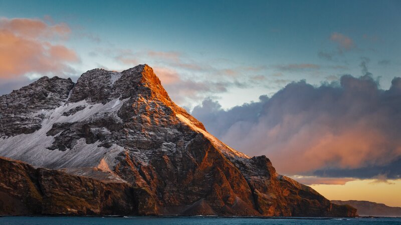 Snow-capped Mountain Peak — Blue, Dramatic, Sunset, Photograph, Sea