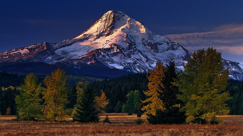 Snow-capped Mountain Peak — Blue, Dramatic, Sunset, Photograph, Trees, Forest