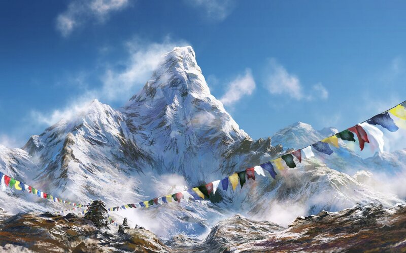 Snow-capped Mountain Peak — Blue, Serene, Afternoon, Digital Art, Prayer Flags, Clouds, Rocky Terrain