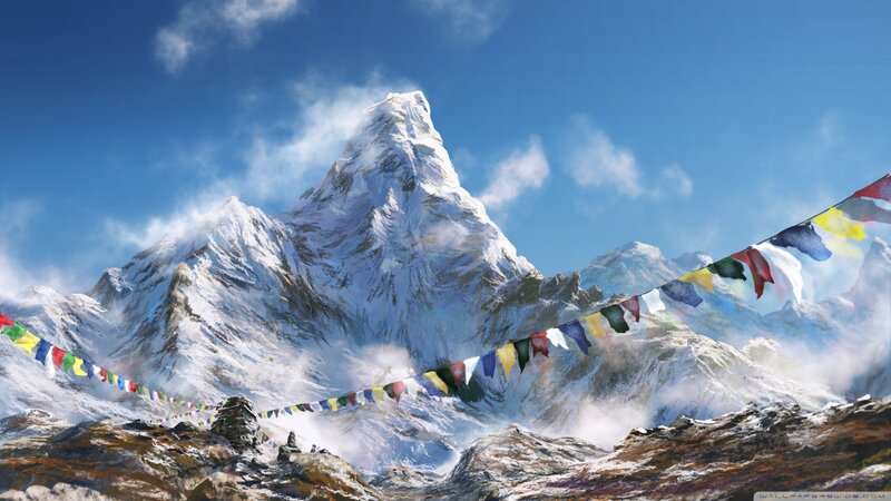 Snow-capped Mountain Peak — Blue, Serene, Afternoon, Digital Art, Prayer Flags, Clouds