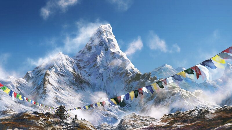 Snow-capped Mountain Peak — Blue, Serene, Afternoon, Digital Art, Prayer Flags