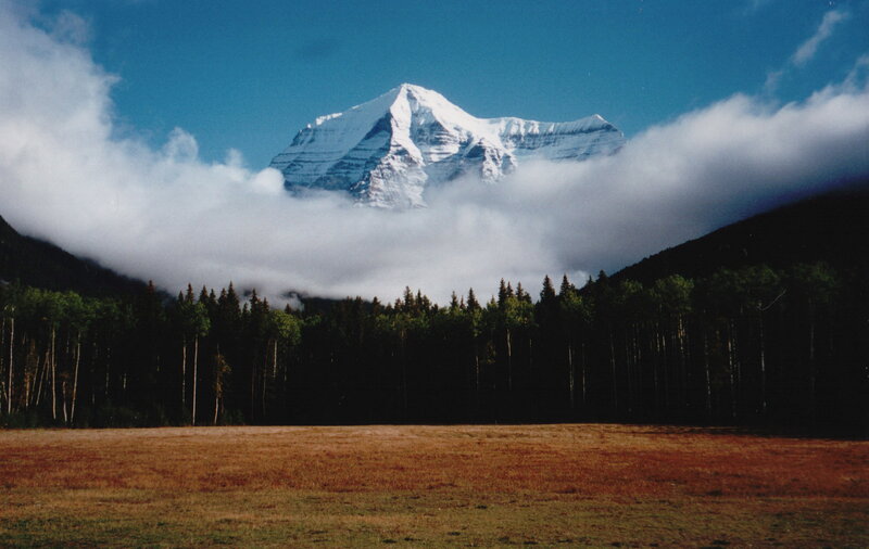 Snow-capped Mountain Peak — Blue, Serene, Afternoon, Photograph, Clouds, Forest, Field