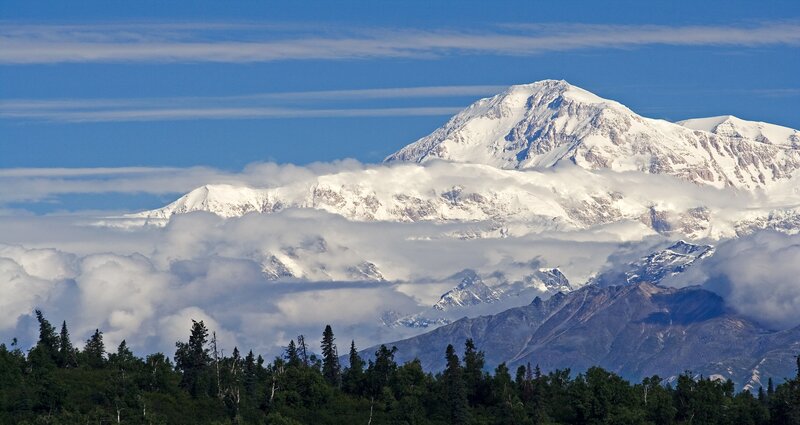 Snow-capped Mountain Peak — Blue, Serene, Afternoon, Photograph, Clouds, Forest, Mountains