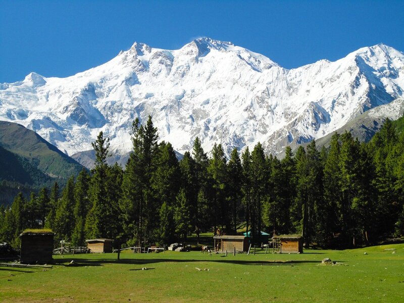 Snow-capped Mountain Peak — Blue, Serene, Afternoon, Photograph, Forest, Huts, Grass Field