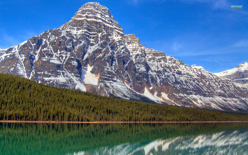 Snow-capped Mountain Peak — Blue, Serene, Afternoon, Photograph, Forest, Lake