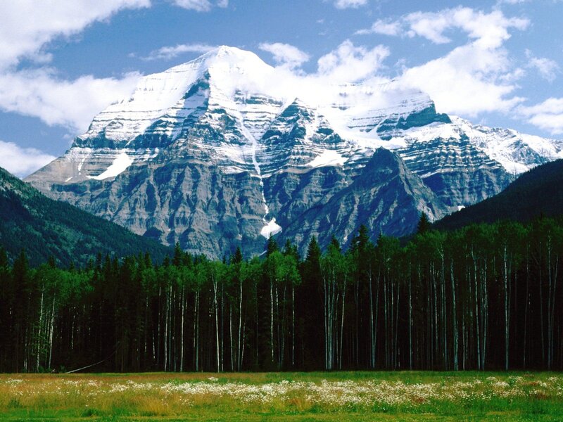 Snow-capped Mountain Peak — Blue, Serene, Afternoon, Photograph, Forest, Meadow, Clouds, Green