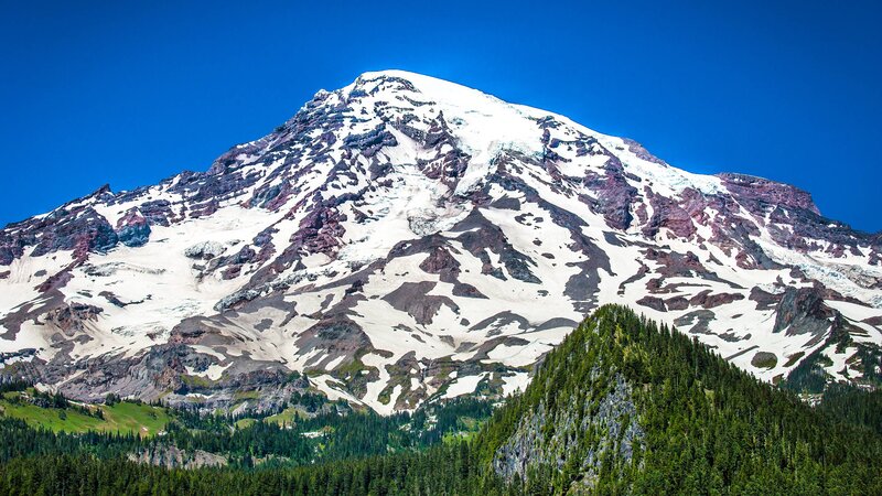 Snow-capped Mountain Peak — Blue, Serene, Afternoon, Photograph, Forest, Sky, Rock