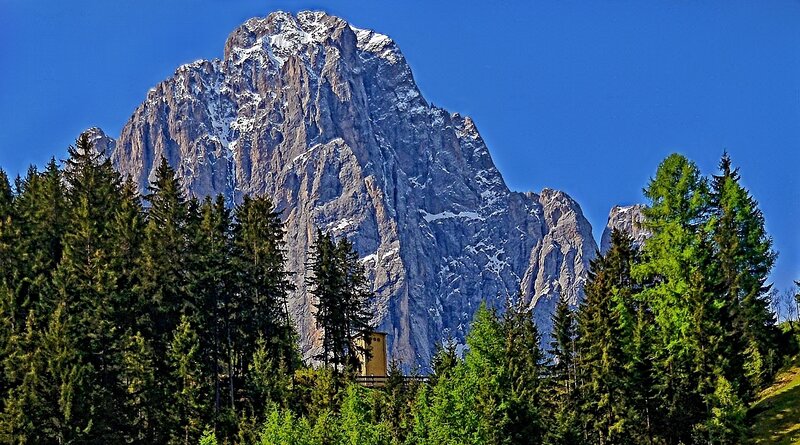 Snow-capped Mountain Peak — Blue, Serene, Afternoon, Photograph, Forest, Trees, Building