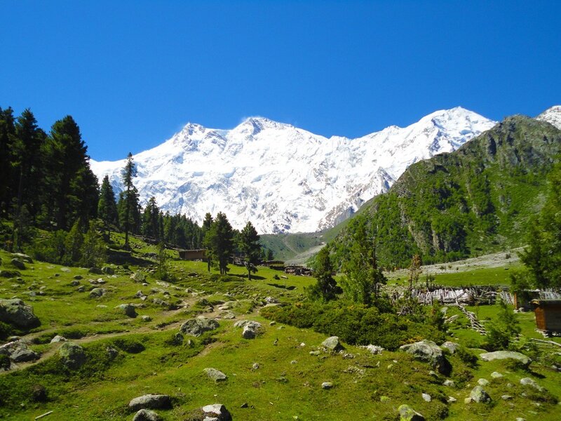 Snow-capped Mountain Peak — Blue, Serene, Afternoon, Photograph, Green Meadow
