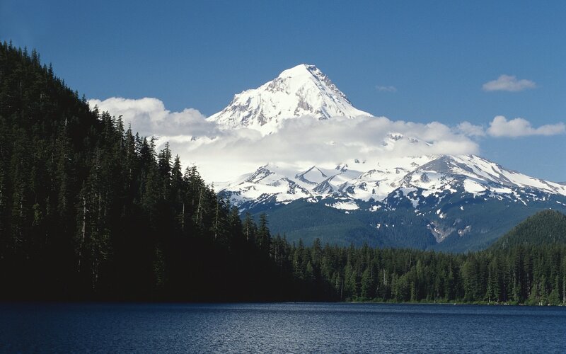 Snow-capped Mountain Peak — Blue, Serene, Afternoon, Photograph, Lake, Forest