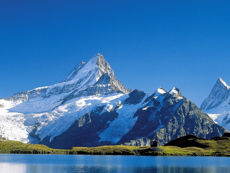 Snow-capped Mountain Peak — Blue, Serene, Afternoon, Photograph, Lake, Grass