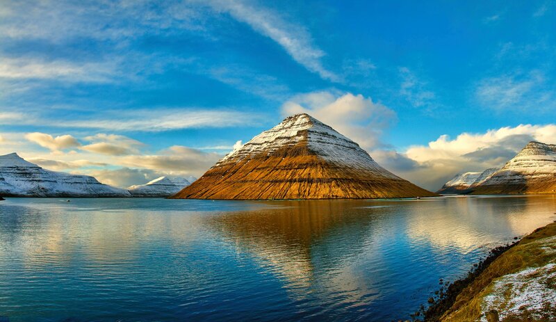 Snow-capped Mountain Peak — Blue, Serene, Afternoon, Photograph, Lake, Sky
