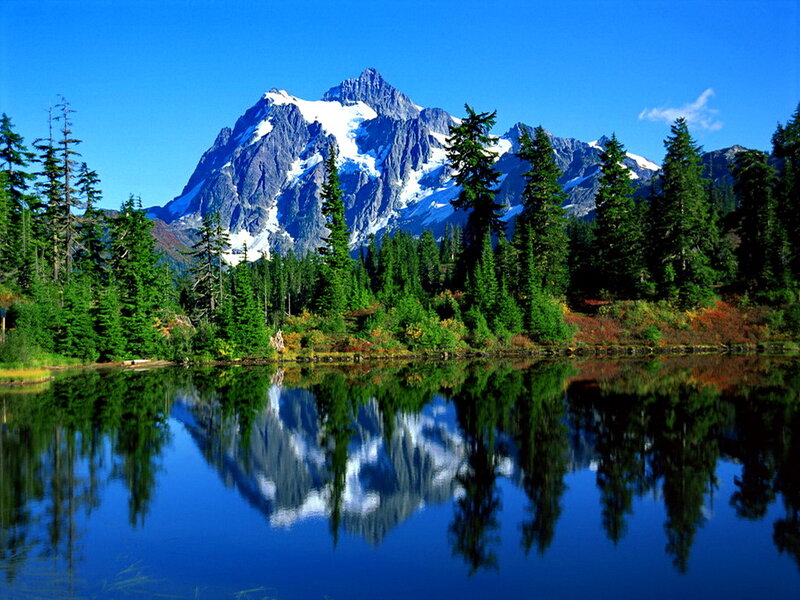 Snow-capped Mountain Peak — Blue, Serene, Afternoon, Photograph, Lake, Trees, Reflection