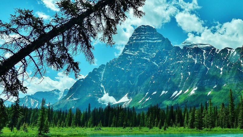Snow-capped Mountain Peak — Blue, Serene, Afternoon, Photograph, Pine Trees, Lake, Clouds