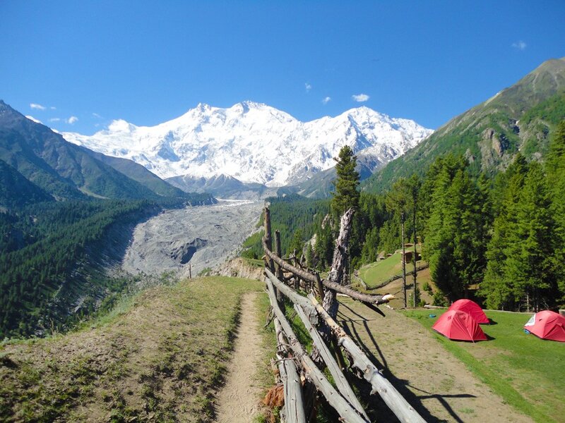Snow-capped Mountain Peak — Blue, Serene, Afternoon, Photograph, Tents, Forest