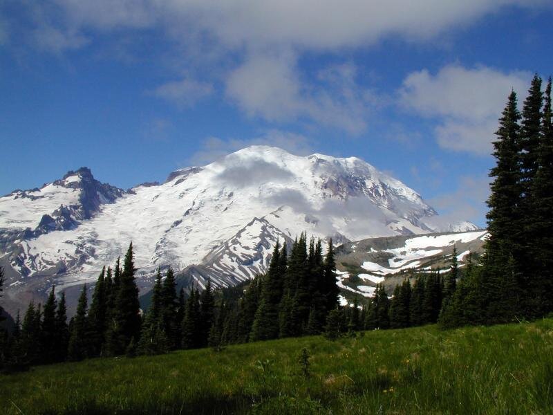 Snow-capped Mountain Peak — Blue, Serene, Afternoon, Photograph, Trees, Grass