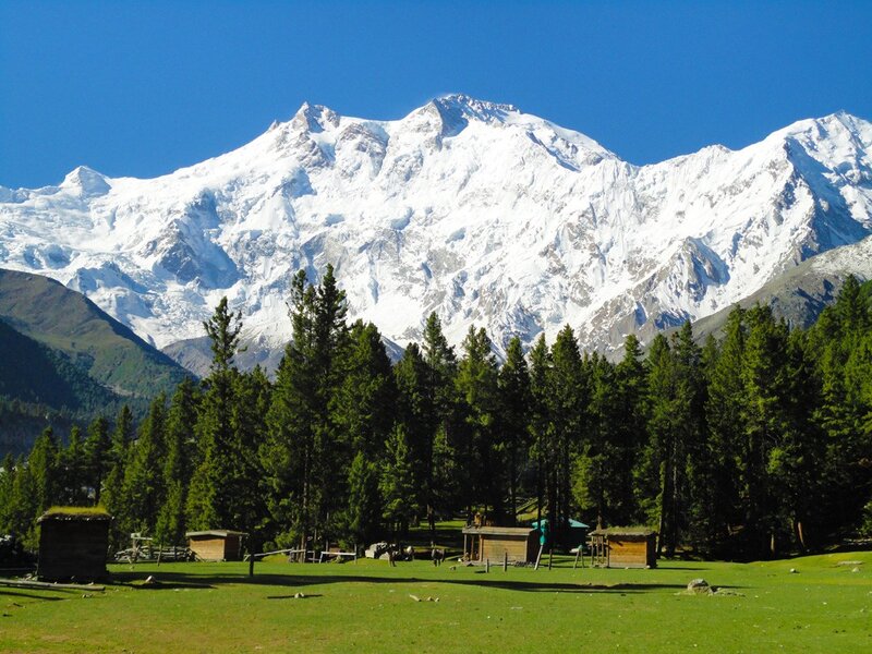 Snow-capped Mountain Peak — Blue, Serene, Afternoon, Photograph, Trees, Huts