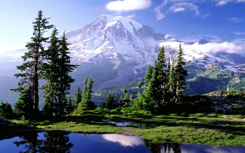 Snow-capped Mountain Peak — Blue, Serene, Afternoon, Photograph, Trees, Pond, Clouds
