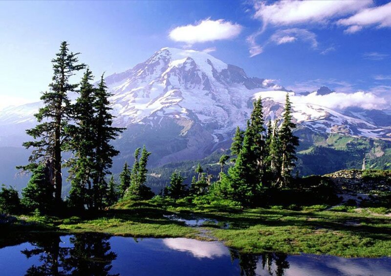 Snow-capped Mountain Peak — Blue, Serene, Afternoon, Photograph, Trees, Pond