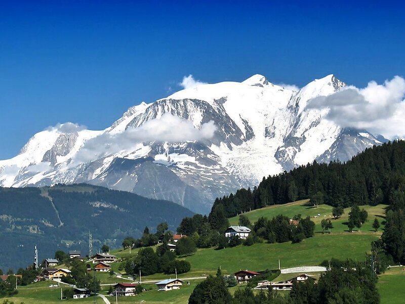 Snow-capped Mountain Peak — Blue, Serene, Afternoon, Photograph, Village