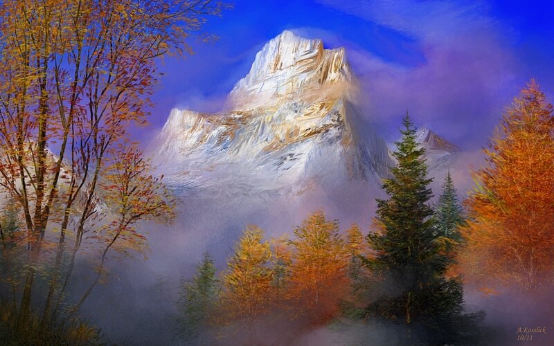 Snow-capped Mountain Peak — Blue, Serene, Autumn, Digital Art