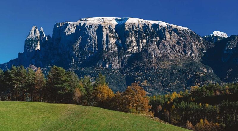 Snow-capped Mountain Peak — Blue, Serene, Autumn, Photograph, Forest, Grass Field
