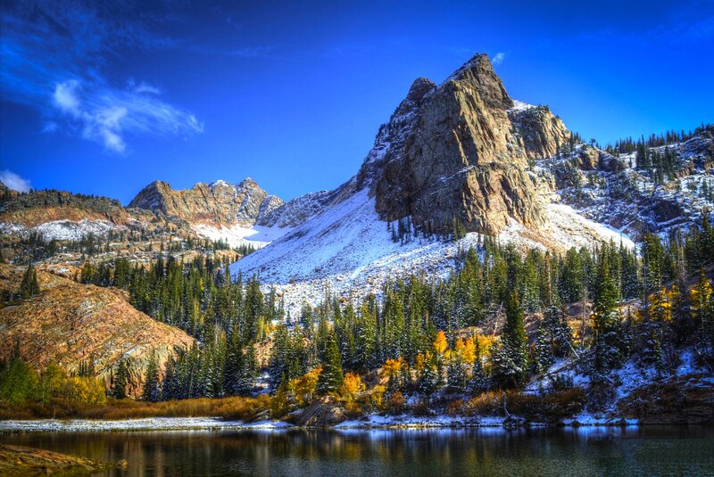 Snow-capped Mountain Peak — Blue, Serene, Autumn, Photograph, Lake, Forest