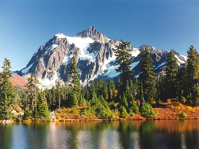 Snow-capped Mountain Peak — Blue, Serene, Autumn, Photograph, Lake