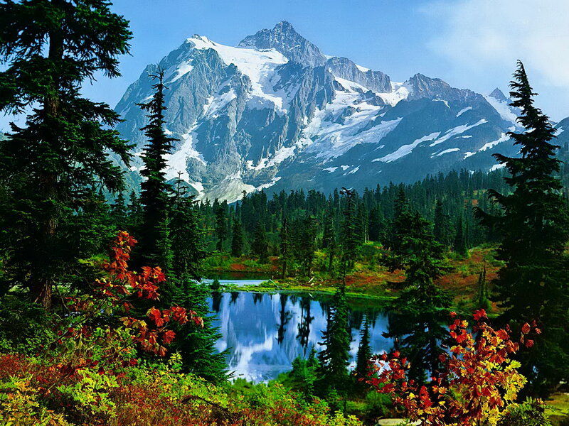 Snow-capped Mountain Peak — Blue, Serene, Autumn, Photograph, Lake, Trees