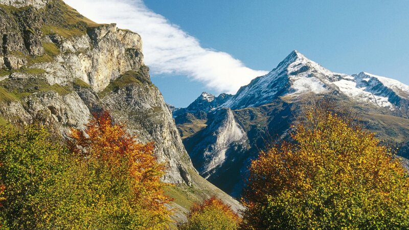 Snow-capped Mountain Peak — Blue, Serene, Autumn, Photograph, Trees, Sky, Green