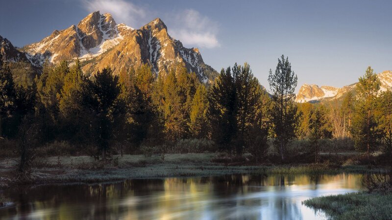 Snow-capped Mountain Peak — Blue, Serene, Morning, Photograph, Forest, River