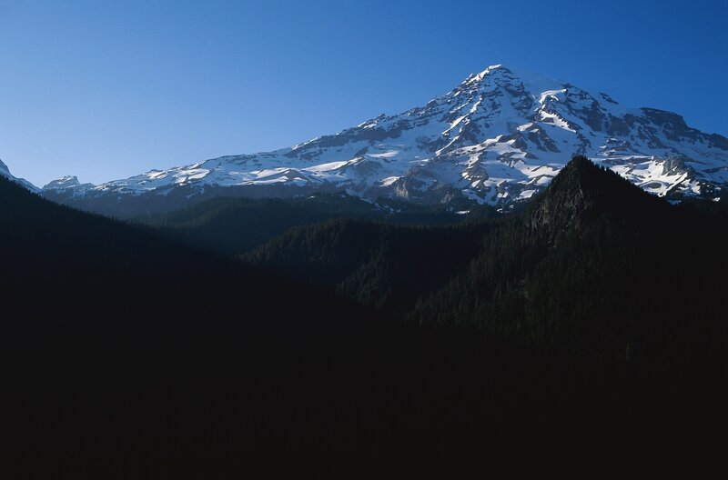 Snow-capped Mountain Peak — Blue, Serene, Morning, Photograph, Forest, Sky