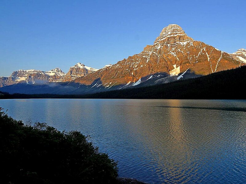 Snow-capped Mountain Peak — Blue, Serene, Morning, Photograph, Lake, Forest