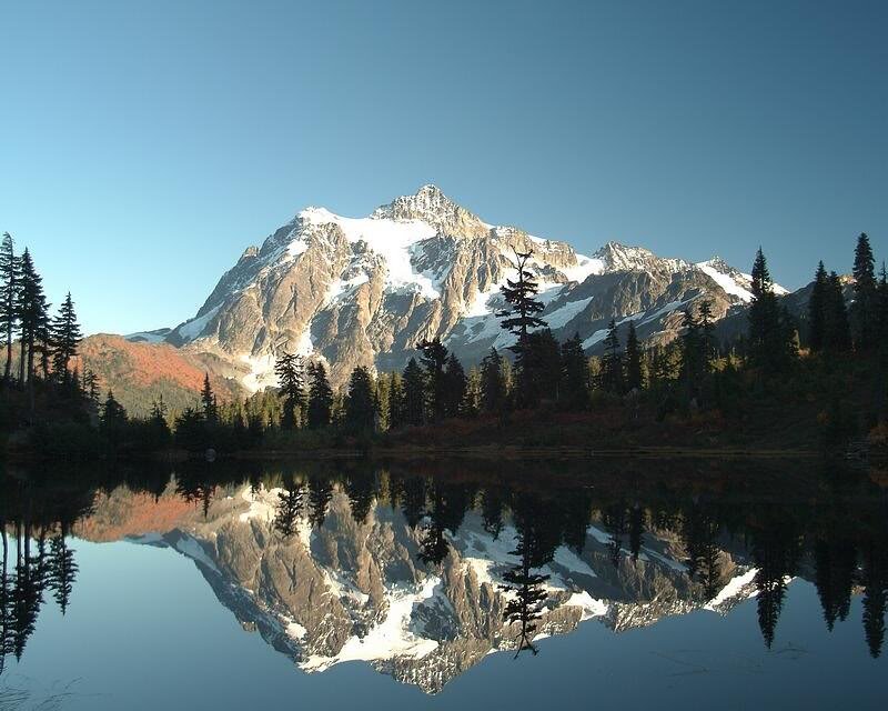 Snow-capped Mountain Peak — Blue, Serene, Morning, Photograph, Lake