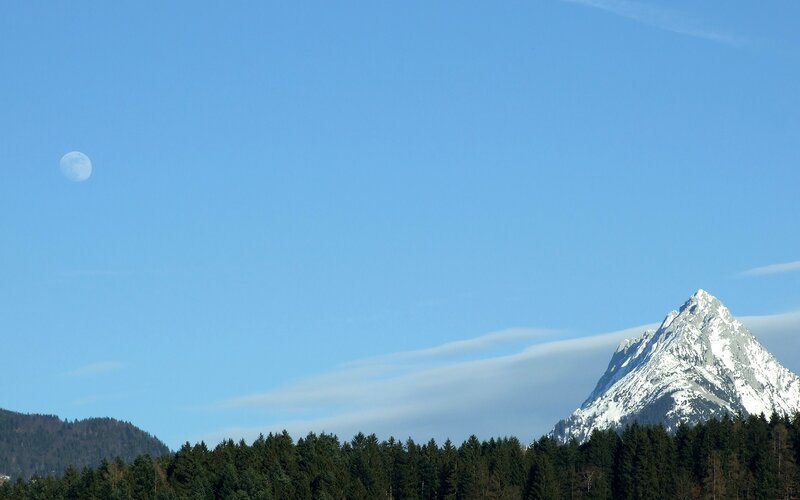 Snow-capped Mountain Peak — Blue, Serene, Morning, Photograph, Moon, Forest